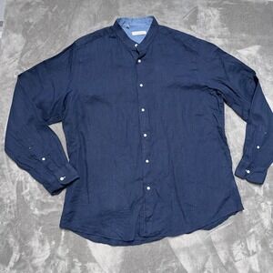 Luca Faloni Linen Shirt Mens 45 18 Navy Blue Band Collar Italy Lightweight